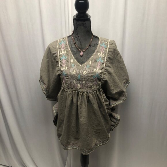 Relativity Embroidered Cotton Boho Top Womens Size Large Olive Green V-Neck - Picture 1 of 8